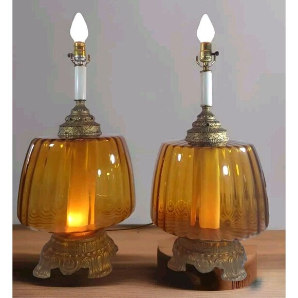MUST BUY BOTH Vintage Mid Century Hollywood Regency Amber Glass Globe Table Lamp - Picture 2 of 16